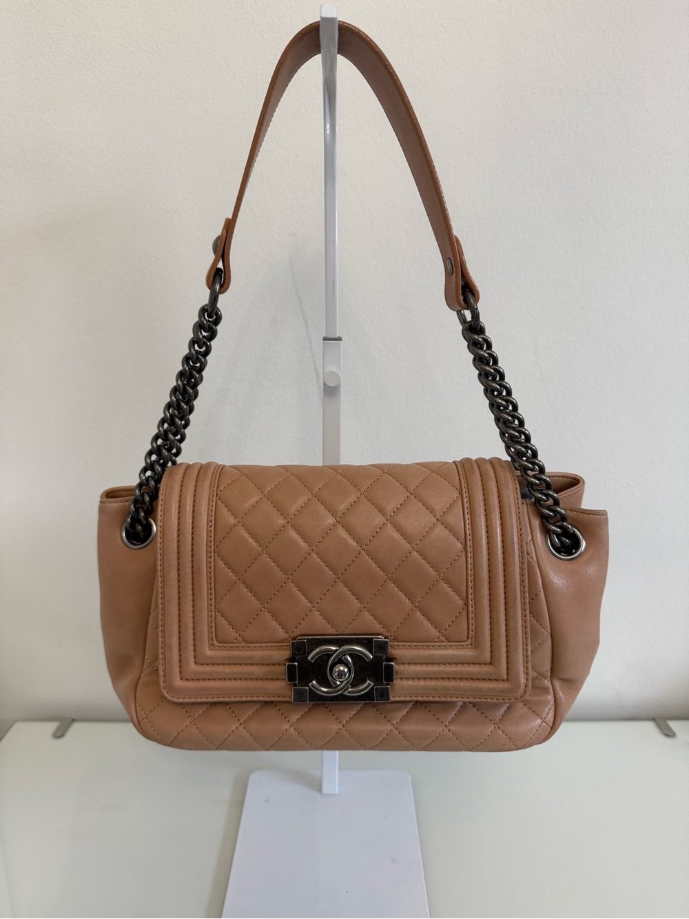 Chanel Boy Accordion Flag Bag Quilted Tan Lambskin with Gunmetal Chain